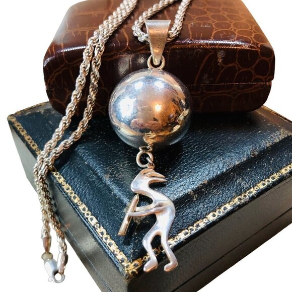American Southwest Womens Necklace Sterling Silver Kokopelli Chime Ball - Picture 2 of 3